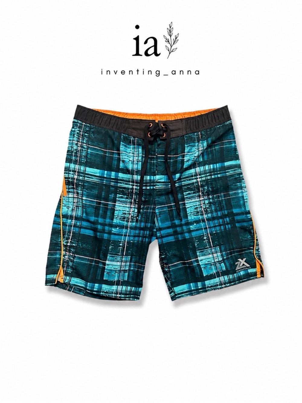 Men’s Aqua Blue & Green Plaid Swim Shorts with Orange Accent Design Tie Waist